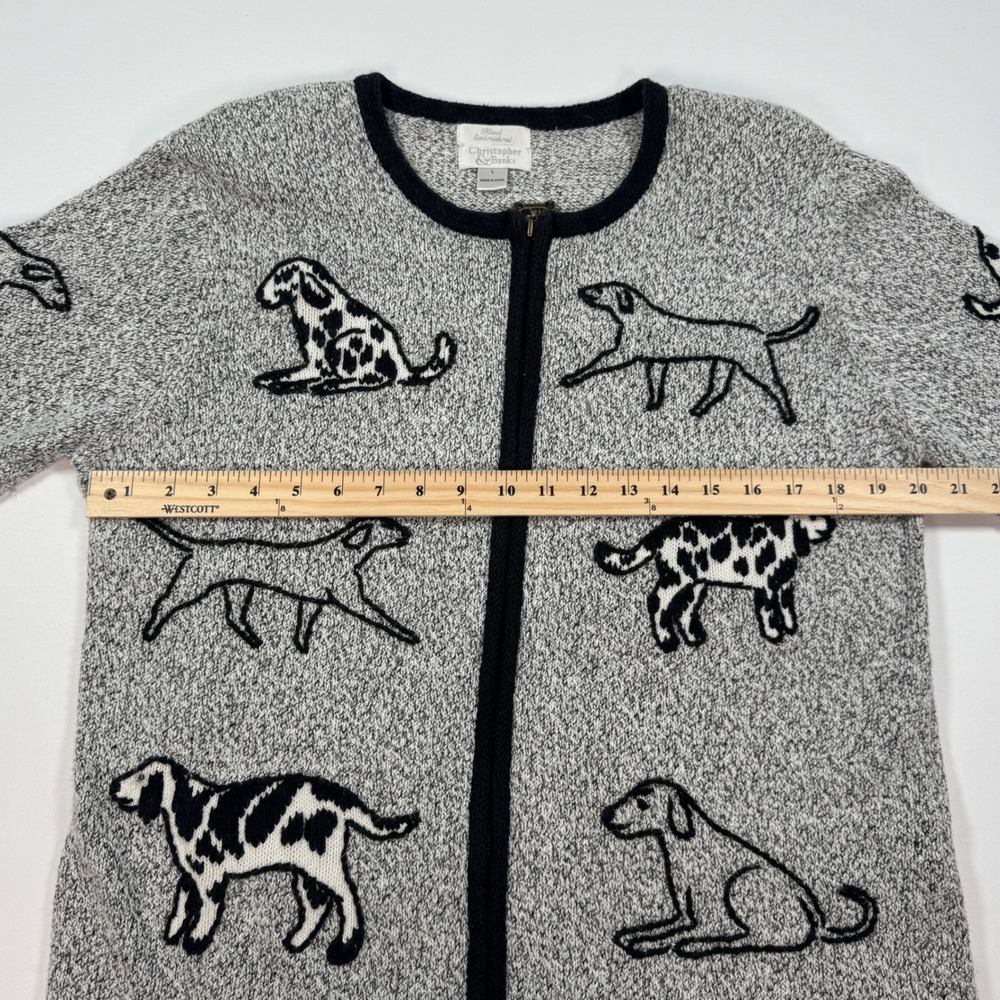 Christopher & Banks Dog Embroidered Zip Cardigan Grey Marled Knit Bone Pull L - Picture 10 of 10